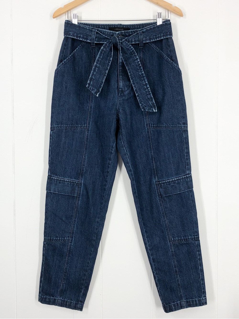 J Brand High Rise Utility Jean Cargo Pockets Relaxed Tapered Belt Size 27 Blue